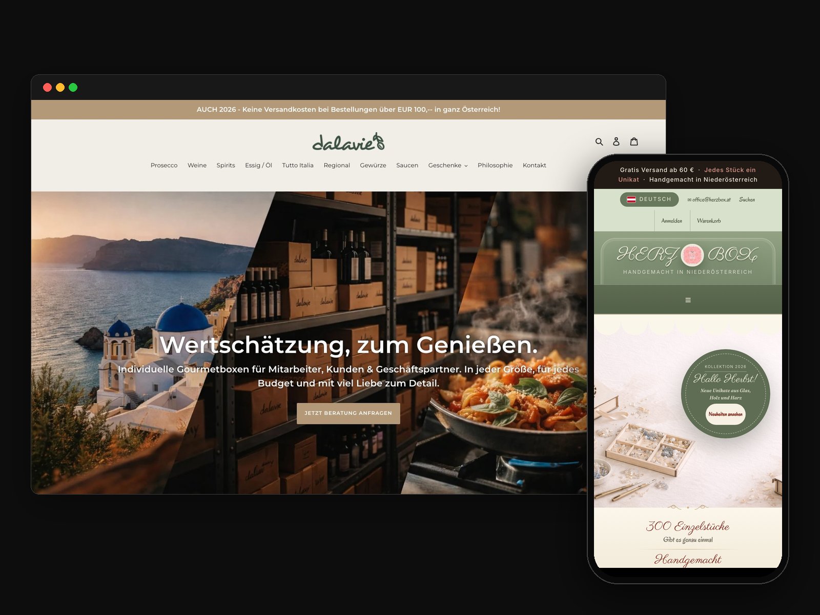 Onlineshop von dalavie im Browserfenster, daneben der Herzbox-Shop als Handy-Ansicht