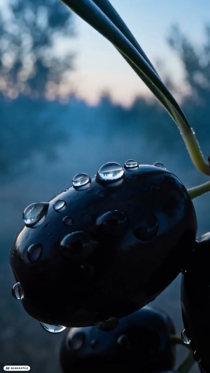 Standbild: Olive mit Tautropfen im Morgenlicht eines Olivenhains